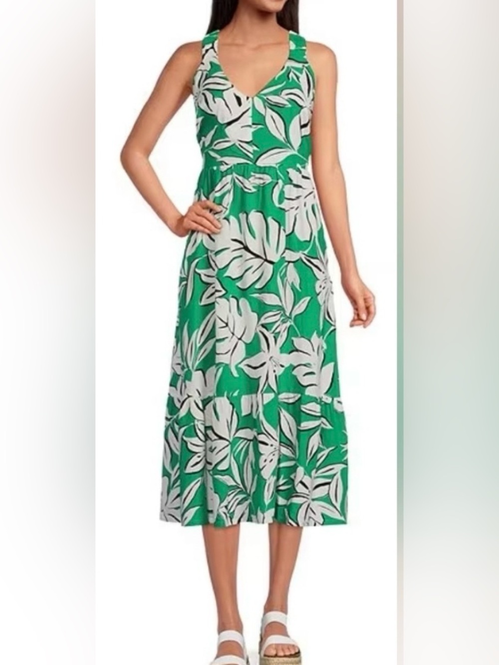 Every Green Tropical Leaf Criss Cross Back Maxi Dress size XL linen resortwear